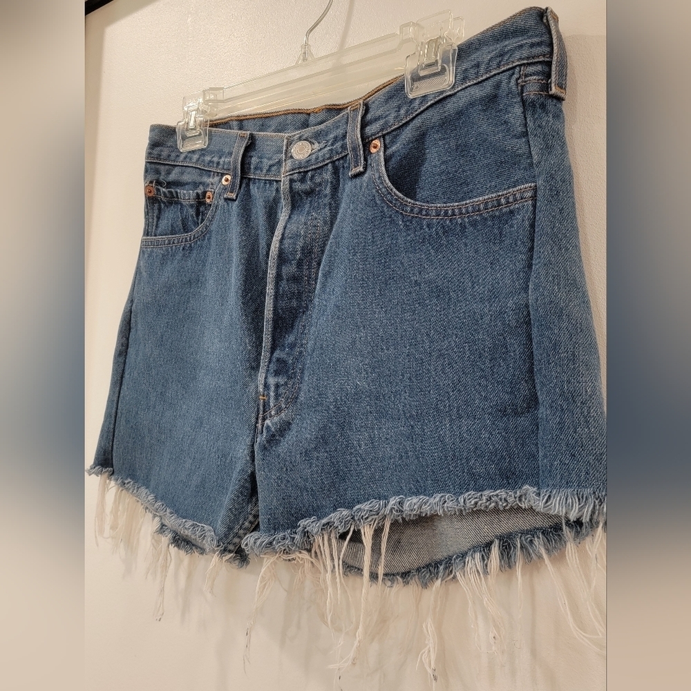 Womens Distressed Blue Denim Jean Shorts  34x30 - Picture 3 of 7
